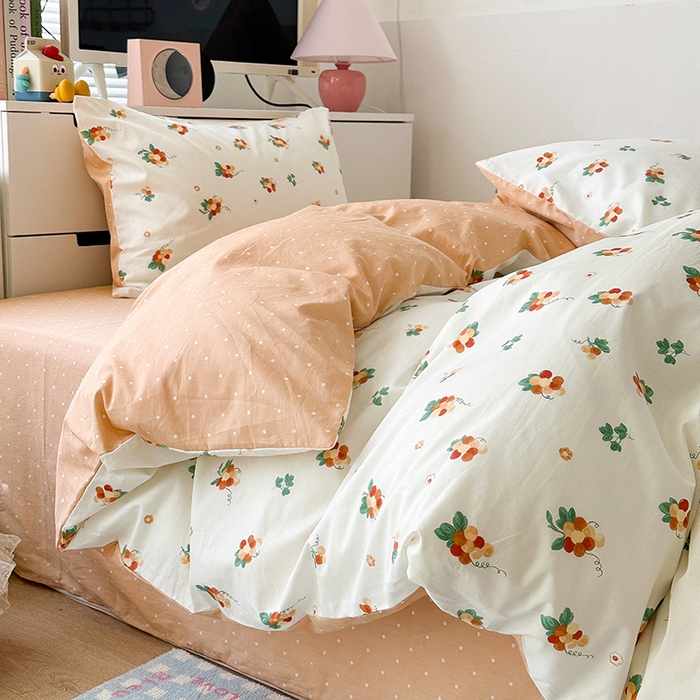 91家纺网 家纺一手货源 找家纺 昔可家纺 2023新款全棉治愈风小碎花四件套 橙葡萄