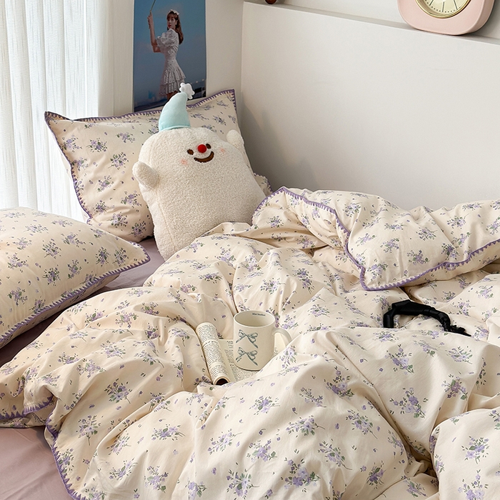 91家纺网 家纺一手货源 找家纺 2023新款全棉印花贝壳三角针四件套 紫色花期