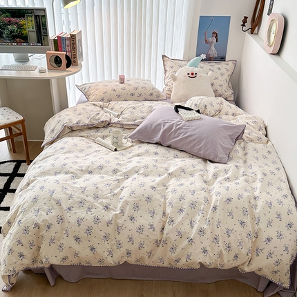 91家纺网 家纺一手货源 找家纺 2023新款全棉印花贝壳三角针四件套 紫色花期