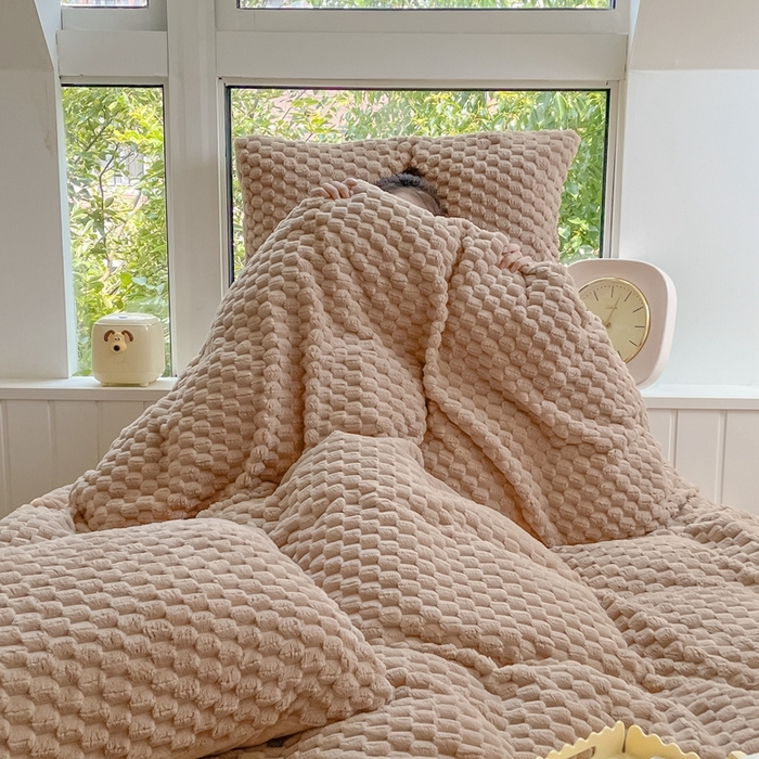 91家纺网 家纺一手货源 找家纺 欧邦 爆款A类金龟绒提花豆豆绒牛奶绒单被套四件套 拿铁咖