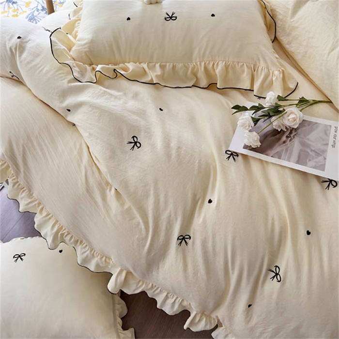 91家纺网 家纺一手货源 找家纺 梦可莱 2023新款水洗棉蝴蝶结花边刺绣四件套 蝴蝶结-黄