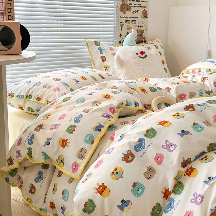 91家纺网 家纺一手货源 找家纺 2023新款全棉印花贝壳三角针四件套 趣味动物集