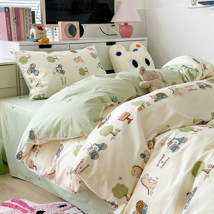 91家纺网 家纺一手货源 找家纺 昔可家纺 2023新款全棉卡通动物印花四件套 树林小动物