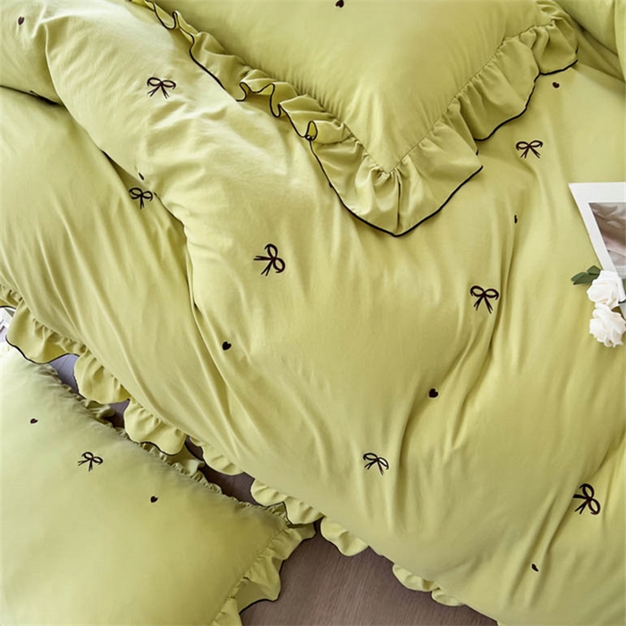 91家纺网 家纺一手货源 找家纺 梦可莱 2023新款水洗棉蝴蝶结花边刺绣四件套 蝴蝶结-牛油果绿