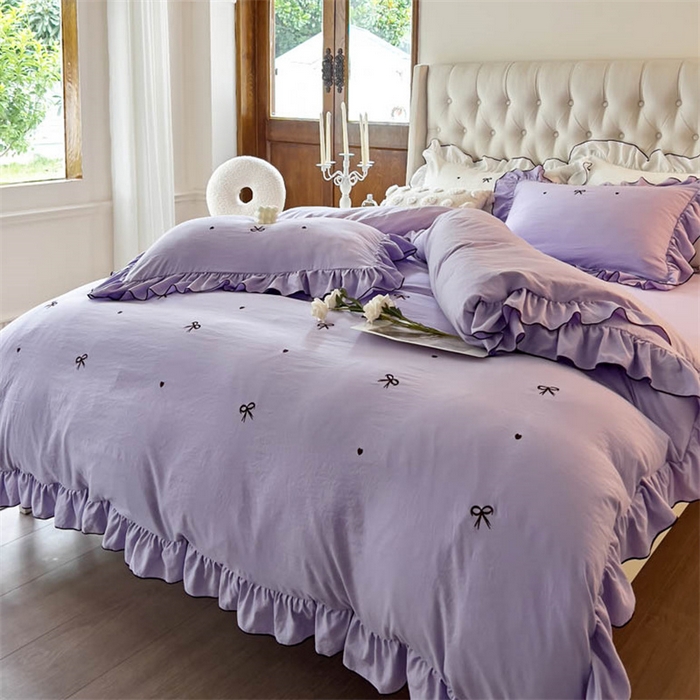 91家纺网 家纺一手货源 找家纺 梦可莱 2023新款水洗棉蝴蝶结花边刺绣四件套 蝴蝶结-紫
