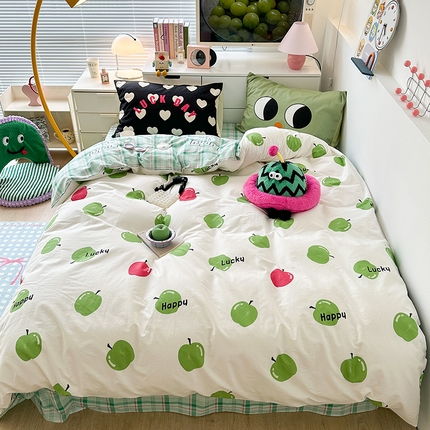 91家纺网 家纺一手货源 找家纺 昔可家纺 2023新款全棉大版数码枕套四件套 红绿苹果