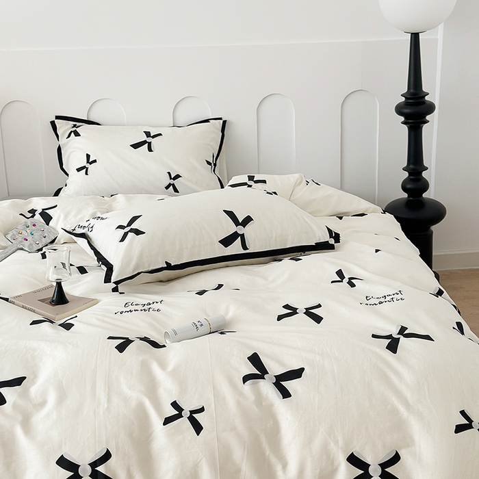 91家纺网 家纺一手货源 找家纺 昔可家纺 2023新款全棉复古风黑花边四件套（风格二） 富家千金蝴蝶结