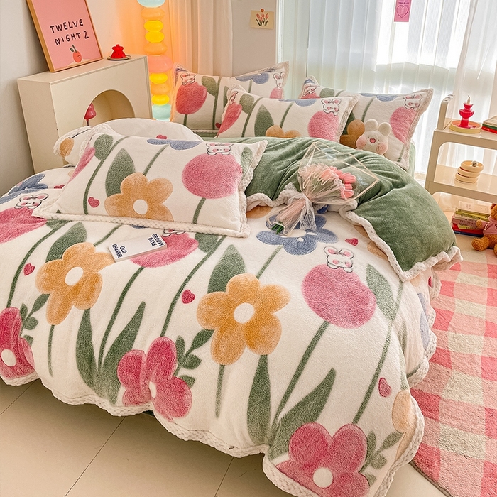 91家纺网 家纺一手货源 找家纺 川悦生活 2023新款立体雪花绒宽边四件套 宽边哈桑花-绿