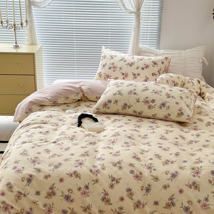 91家纺网 家纺一手货源 找家纺 昔可家纺 2023新款全棉治愈风小碎花四件套 海棠紫