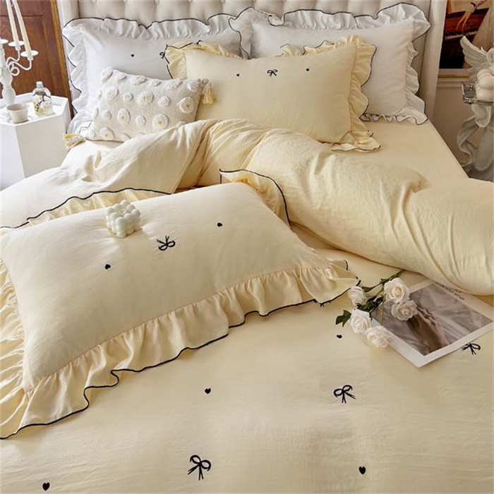 91家纺网 家纺一手货源 找家纺 梦可莱 2023新款水洗棉蝴蝶结花边刺绣四件套 蝴蝶结-黄