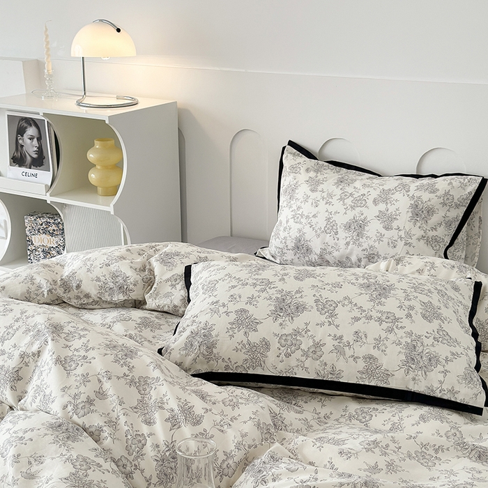 91家纺网 家纺一手货源 找家纺 昔可家纺 2023新款全棉复古风黑花边四件套（风格二） 水墨