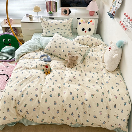 昔可家纺 2023新款全棉卡通动物印花四件套 蓝色爱丽丝兔