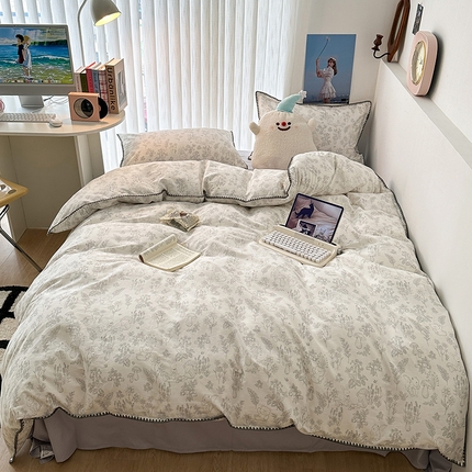 2023新款全棉印花贝壳三角针四件套 素描小卡通灰