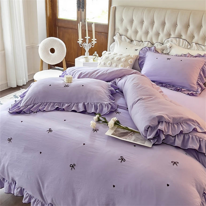 91家纺网 家纺一手货源 找家纺 梦可莱 2023新款水洗棉蝴蝶结花边刺绣四件套 蝴蝶结-紫