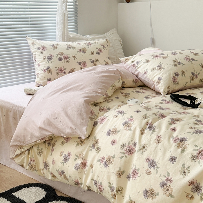 91家纺网 家纺一手货源 找家纺 昔可家纺 2023新款全棉治愈风小碎花四件套 海棠紫