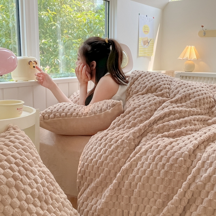 91家纺网 家纺一手货源 找家纺 欧邦 爆款A类金龟绒提花豆豆绒牛奶绒单被套四件套 拿铁咖