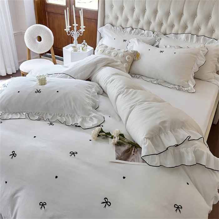 91家纺网 家纺一手货源 找家纺 （总）梦可莱 2023新款水洗棉蝴蝶结花边刺绣四件套