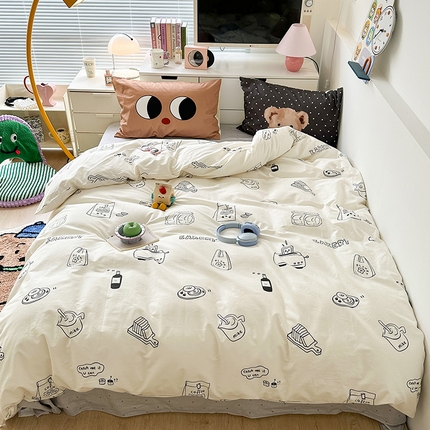 昔可家纺 2023新款全棉大版数码枕套四件套 涂鸦早餐