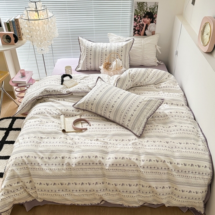 2023新款全棉印花贝壳三角针四件套 紫色小玫瑰花