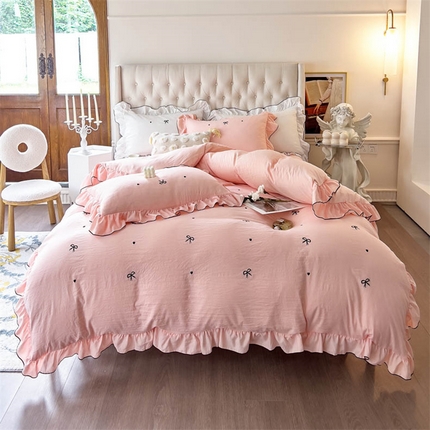 91家纺网 家纺一手货源 找家纺 （总）梦可莱 2023新款水洗棉蝴蝶结花边刺绣四件套