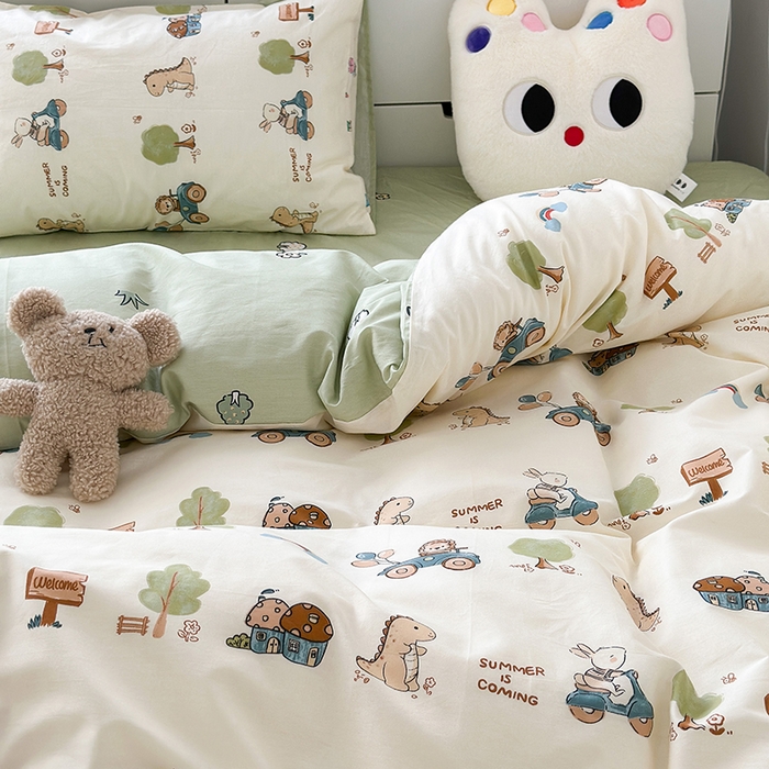 91家纺网 家纺一手货源 找家纺 昔可家纺 2023新款全棉卡通动物印花四件套 树林小动物