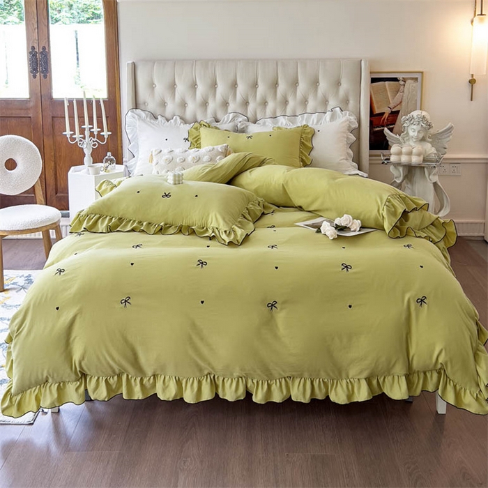 91家纺网 家纺一手货源 找家纺 梦可莱 2023新款水洗棉蝴蝶结花边刺绣四件套 蝴蝶结-牛油果绿