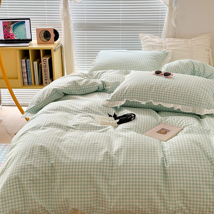 91家纺网 家纺一手货源 找家纺 昔可家纺 2023新款全棉花边款小格子四件套 蓝绿格