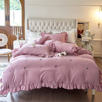 91家纺网 家纺一手货源 找家纺 （总）梦可莱 2023新款水洗棉蝴蝶结花边刺绣四件套