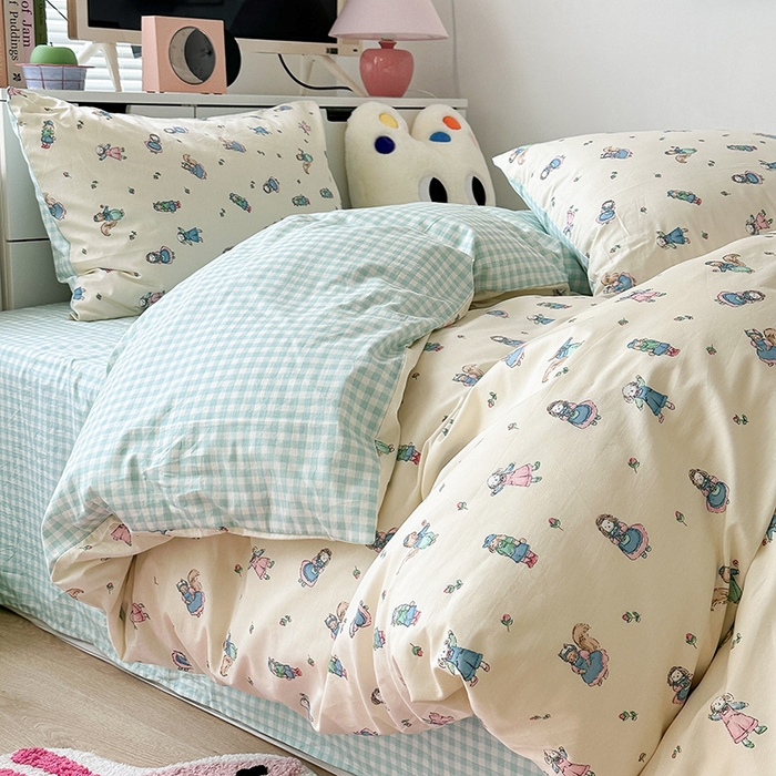 91家纺网 家纺一手货源 找家纺 昔可家纺 2023新款全棉卡通动物印花四件套 蓝色爱丽丝兔