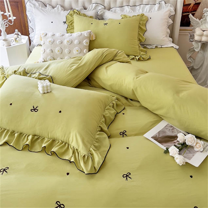 91家纺网 家纺一手货源 找家纺 梦可莱 2023新款水洗棉蝴蝶结花边刺绣四件套 蝴蝶结-牛油果绿