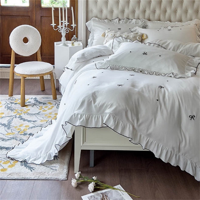 91家纺网 家纺一手货源 找家纺 （总）梦可莱 2023新款水洗棉蝴蝶结花边刺绣四件套