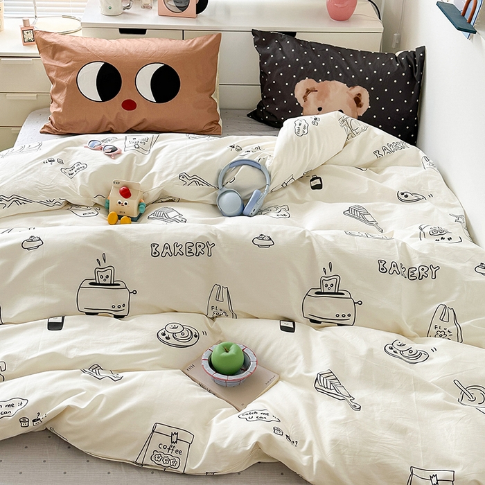 91家纺网 家纺一手货源 找家纺 昔可家纺 2023新款全棉大版数码枕套四件套 涂鸦早餐