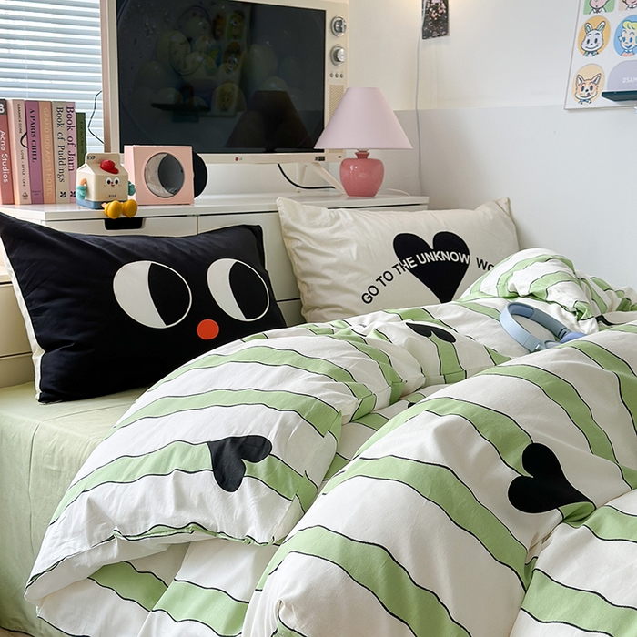 91家纺网 家纺一手货源 找家纺 昔可家纺 2023新款全棉大版数码枕套四件套 绿条爱心