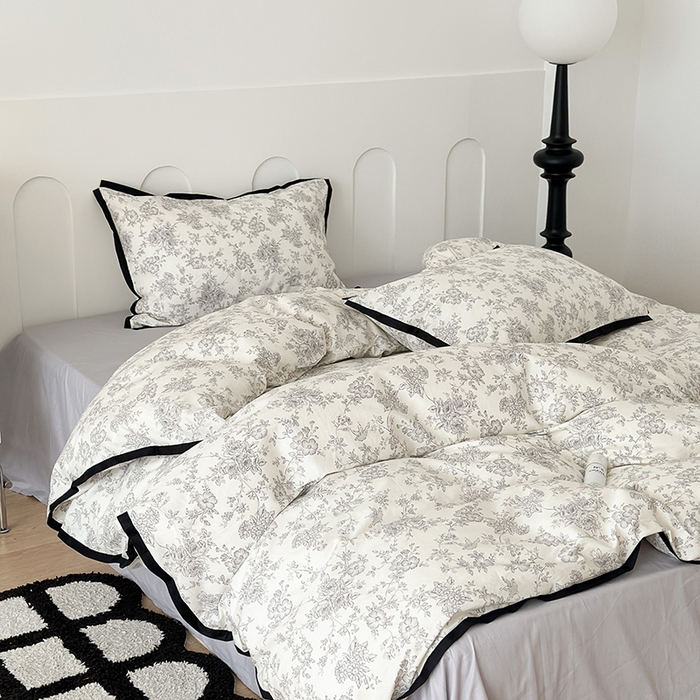 91家纺网 家纺一手货源 找家纺 昔可家纺 2023新款全棉复古风黑花边四件套（风格二） 水墨