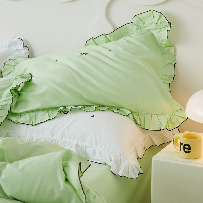 91家纺网 家纺一手货源 找家纺 梦可莱家居 2023新款韩版花边刺绣洛丽塔四件套 洛丽塔-浅绿色