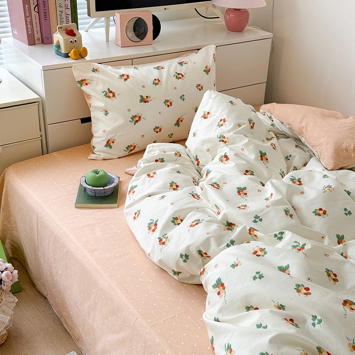 91家纺网 家纺一手货源 找家纺 昔可家纺 2023新款全棉治愈风小碎花四件套 橙葡萄