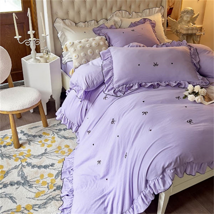 91家纺网 家纺一手货源 找家纺 梦可莱 2023新款水洗棉蝴蝶结花边刺绣四件套 蝴蝶结-紫