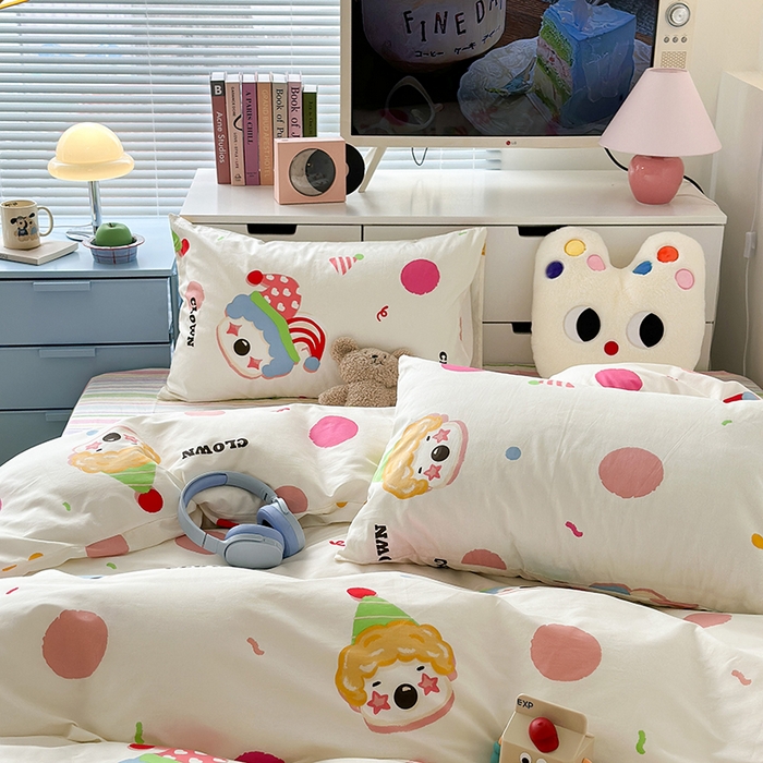 91家纺网 家纺一手货源 找家纺 昔可家纺 2023新款全棉卡通动物印花四件套 波点小丑