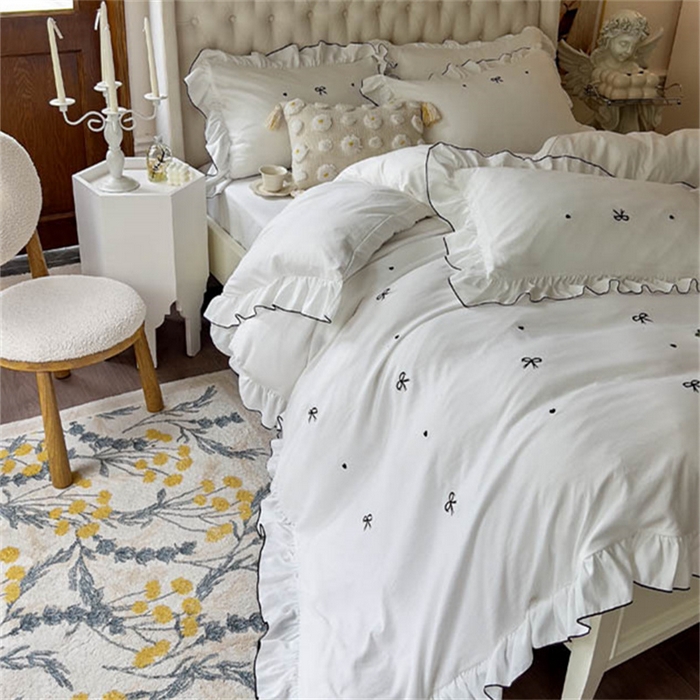 91家纺网 家纺一手货源 找家纺 （总）梦可莱 2023新款水洗棉蝴蝶结花边刺绣四件套