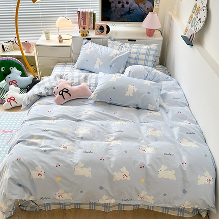 昔可家纺 2023新款全棉卡通动物印花四件套 丝带小兔蓝