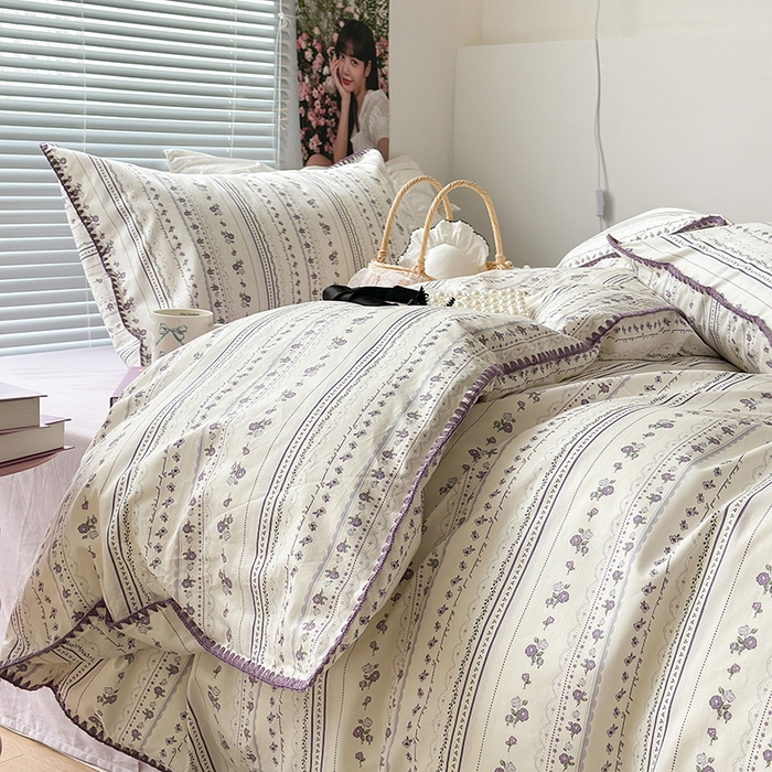 91家纺网 家纺一手货源 找家纺 2023新款全棉印花贝壳三角针四件套 紫色小玫瑰花