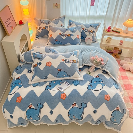 91家纺网 家纺一手货源 找家纺 川悦生活 2023新款立体雪花绒宽边四件套 宽边星星鲸鱼