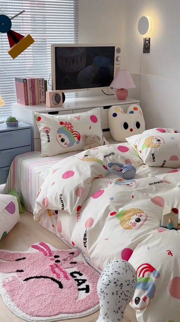 91家纺网 家纺一手货源 找家纺 昔可家纺 2023新款全棉卡通动物印花四件套 波点小丑