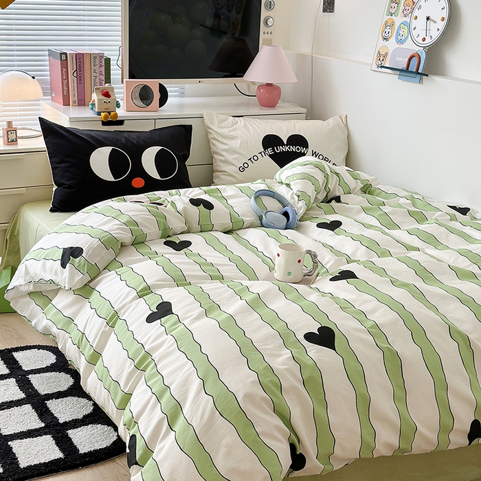 91家纺网 家纺一手货源 找家纺 昔可家纺 2023新款全棉大版数码枕套四件套 绿条爱心