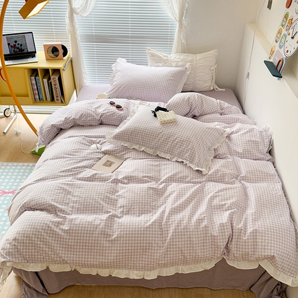 91家纺网 家纺一手货源 找家纺 （总）昔可家纺 2023新款全棉花边款小格子四件套