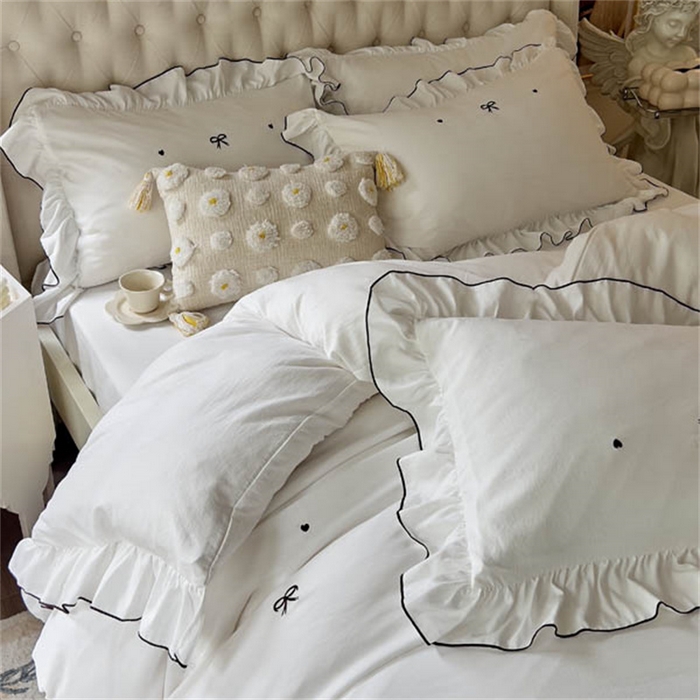 91家纺网 家纺一手货源 找家纺 （总）梦可莱 2023新款水洗棉蝴蝶结花边刺绣四件套