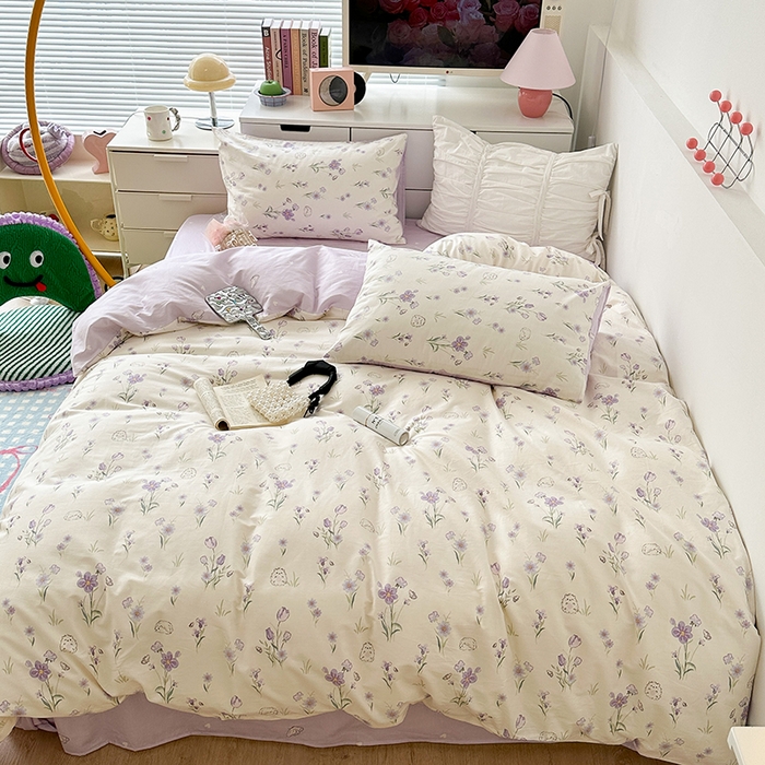 91家纺网 家纺一手货源 找家纺 昔可家纺 2023新款全棉治愈风小碎花四件套 紫色秘境花语