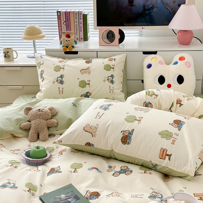 91家纺网 家纺一手货源 找家纺 昔可家纺 2023新款全棉卡通动物印花四件套 树林小动物