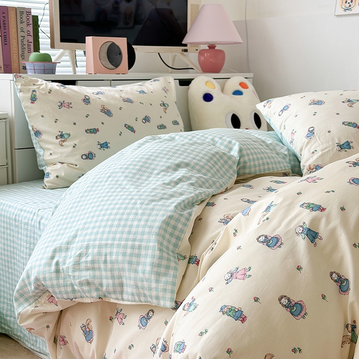 91家纺网 家纺一手货源 找家纺 昔可家纺 2023新款全棉卡通动物印花四件套 蓝色爱丽丝兔