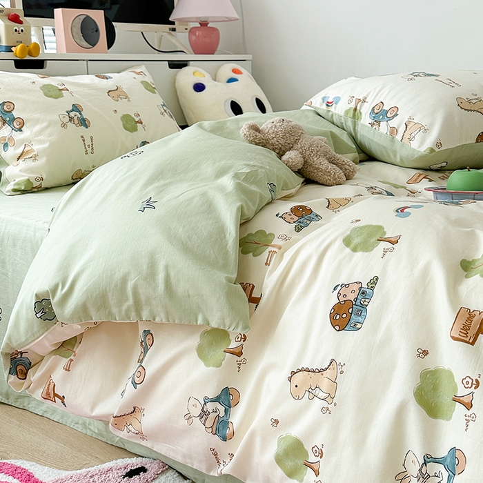 91家纺网 家纺一手货源 找家纺 昔可家纺 2023新款全棉卡通动物印花四件套 树林小动物